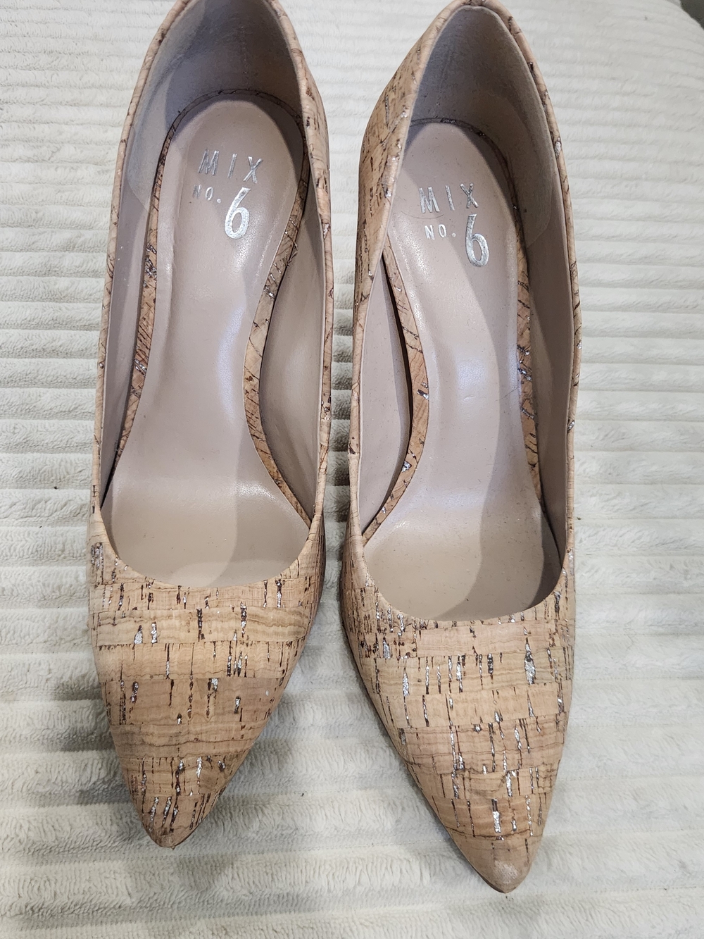 Mix No. 6 Cork-Textured Pointed-Toe Pumps in Beige with Silver Accents